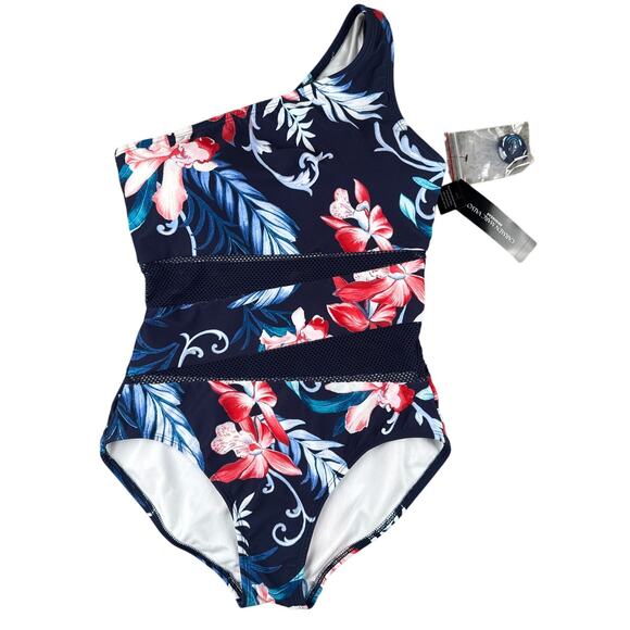 CARMEN MARC VALVO Swimsuit One Piece Size 8 Floral Mesh Maritime One shoulder - Picture 2 of 8